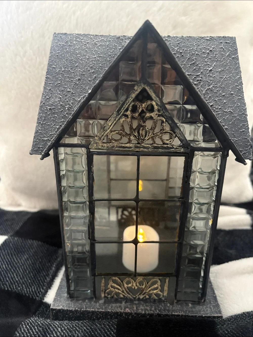 Smokey Gray Glass and Metal Lantern. Glass door opens for a candle or flowers
